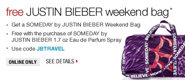 Free JUSTIN BIEBER Weekend Bag - Use code JBTRAVEL