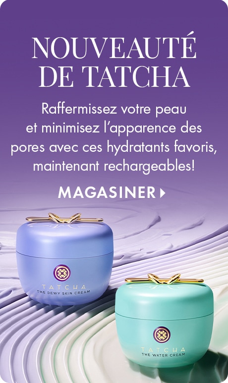 NOUVEAUTÉS TATCHA | Raffermissez votre peau et minimisez l’apparence des pores avec ces hydratants favoris, maintenant rechargeables! MAGASINER &gt; | Image de la crème The Dewy Skin Cream de Tatcha et de la crème lumineuse The Water Cream de Tatcha