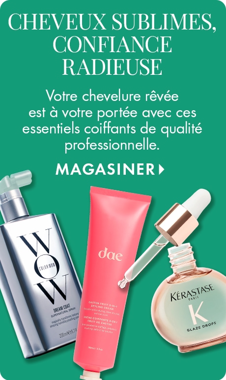 Trois produits pour les cheveux, le soin Dream Coat de Color Wow, le revitalisant sans rinçage Cactus Flower de Dae et l’huile Glaze Drops de Kérastase Paris, sont affichés sur un fond vert avec le texte « Cheveux sublimes, confiance radieuse. Votre chevel