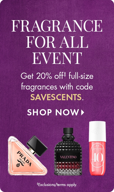 Promo Parfums : Profitez de 20 % de réduction sur les parfums de format standard avec le code SAVESCENTS. Comprend des images des flacons Prada, Valentino et Sol de Janeiro sur un fond mauve. Des exceptions et des modalités s’appliquent.