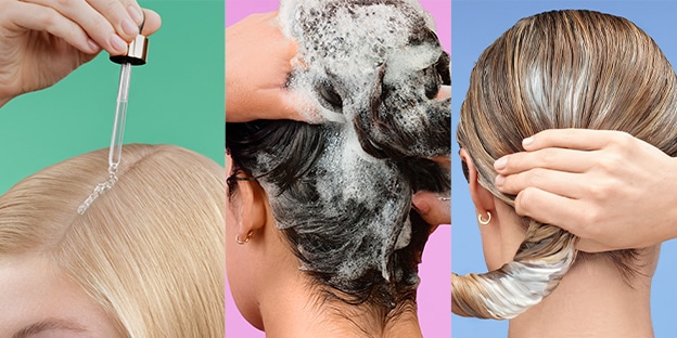 Trois panneaux côte à côte montrent les étapes pour prendre soin des cheveux : le panneau gauche montre un compte-gouttes appliquant le sérum sur des cheveux blonds; le panneau central présente des mains massant un shampoing moussant dans une chevelure fon