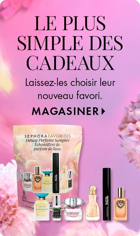 Dégradé rose et violet avec des motifs floraux doux. Le texte indique : « Un cadeau on ne peut plus simple » et « Offrez-leur le plaisir de choisir leur nouveau favori. » Une pochette d’échantillons de parfum de prestige Sephora Favorites®, accompagnée de 