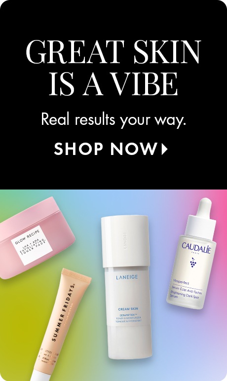 Fond noir avec texte « Une peau fabuleuse est un mode de vie » et « De vrais résultats à votre façon », suivi de « Magasiner ». En dessous, des essentiels de soins pour la peau de Glow Recipe, Laneige, Summer Fridays et Caudalie apparaissent sur un fond dé