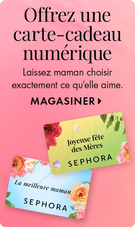 Arrière-plan dégradé rose avec texte indiquant « Offrez une carte-cadeau numérique », « Laissez maman choisir exactement ce qu’elle aime » et « Magasiner ». En dessous, deux cartes-cadeaux numériques aux motifs floraux sur lesquelles sont écrit « Joyeuse f