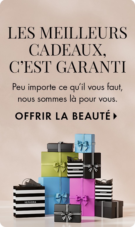 Arrière-plan beige neutre avec texte indiquant « Les meilleurs cadeaux, c’est garanti » et « Peu importe ce qu’il vous faut, nous sommes là pour vous » suivi de « Offrir la beauté ». Une pile de coffrets-cadeaux colorés et de sacs de magasinage à rayures S