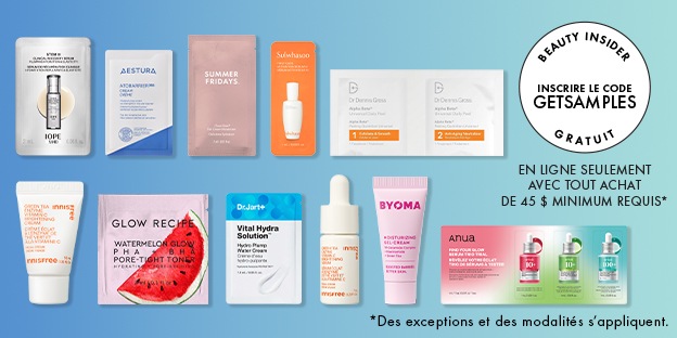 BEAUTY INSIDER INSCRIRE LE CODE GETSAMPLES GRATUIT EN LIGNE SEULEMENT AVEC TOUT ACHAT DE 45 $ MINIMUM REQUIS*. | *Des exceptions et des modalités s’appliquent.