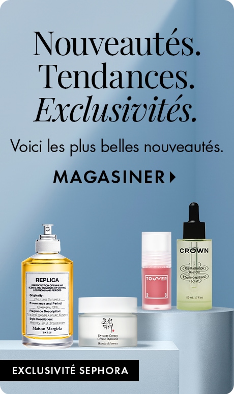 Arrière-plan dégradé bleu avec texte « Nouveautés. Tendances. Exclusivités. » et « Voici les plus belles nouveautés » avec « Magasiner ». Quatre essentiels beauté sont présentés sur une plateforme avec une étiquette noire indiquant « Exclusivité Sephora ».