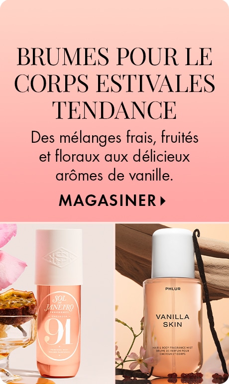 Arrière-plan dégradé rose avec texte indiquant « Brumes pour le corps estivales tendance », « Des parfums floraux, frais et fruités aux fragrances vanillées et gourmandes », et « Magasiner ». Deux bouteilles de brumes pour le corps, 91 de Sol de Janeiro et