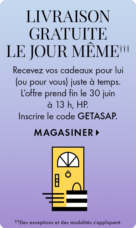 Arrière-plan bleu clair à violet dégradé avec texte indiquant « Livraison gratuite le jour même », « Recevez vos cadeaux pour lui (ou pour vous) juste à temps. L’offre prend fin le 30 juin à 13 h, HP. Inscrire le code GETASAP », et « Magasiner ». Une icône