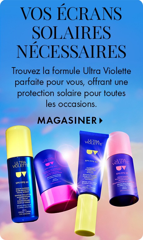 Arrière-plan lavande avec texte indiquant « Fond de teint et anticernes captivants », « Mélangez, combinez et trouvez la teinte parfaite – exclusivité Sephora » et « Magasiner ». Cinq essentiels pour le teint avec applicateurs sont alignés au bas de l’imag