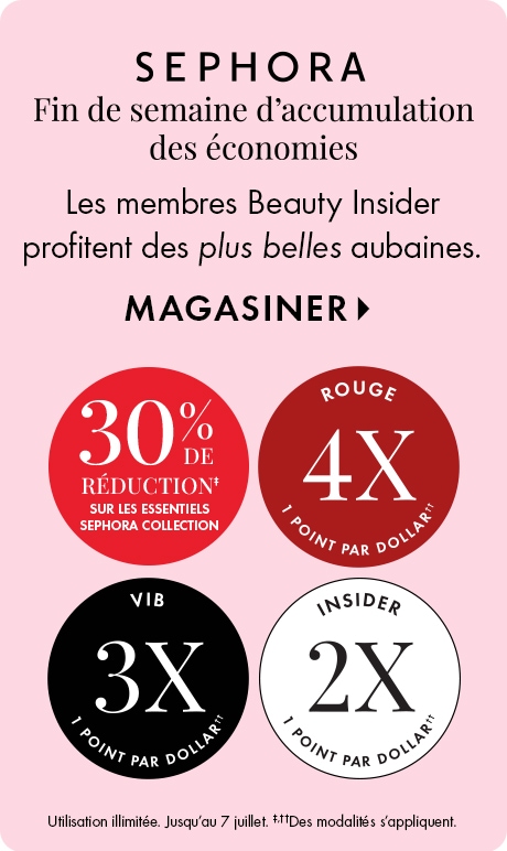 Fond rose pâle avec texte « Fin de semaine d’accumulation des économies Sephora » et « Les membres Beauty Insider profitent des plus belles aubaines », plus « Magasiner ». Les badges circulaires affichent « 30 % de réduction sur les essentiels Sephora Coll