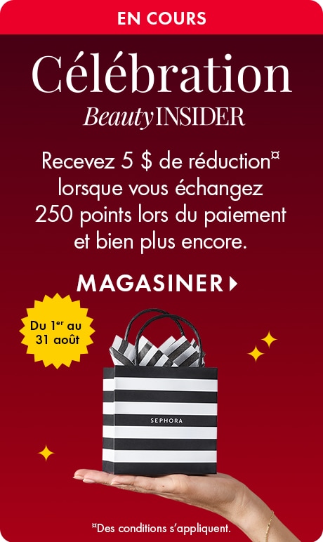 « Célébration Beauty Insider. Recevez 5 $ de réduction lorsque vous échangez 250 points lors du paiement et bien plus encore. MAGASINER. » Bannière promotionnelle rouge avec le logo « En cours », un badge indiquant la période du 1er au 31 août, un sac de m