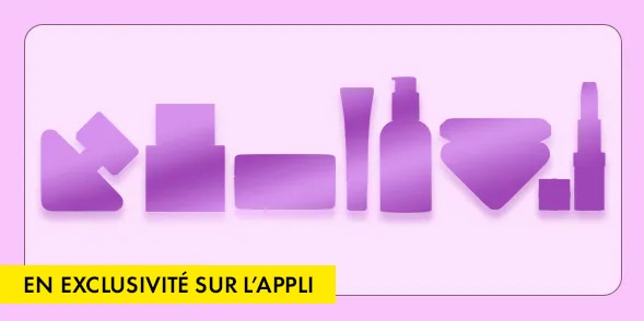 "APP EXCLUSIVE" Lavender promotional graphic featuring stylized beauty product icons and a yellow banner with the offer text.