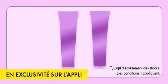 "APP EXCLUSIVE" Two purple beauty product silhouettes on a light purple background with small disclaimer text. Provide your feedback on BizChat