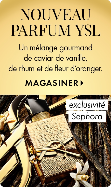 « NOUVEAU PARFUM YSL » « Un mélange gourmand de caviar de vanille, de rhum et de fleur d’oranger. » « MAGASINER » Publicité beauté avec un fond doré mettant en vedette un flacon de parfum YSL doré parmi les gousses de vanille et les fleurs blanches, ainsi 