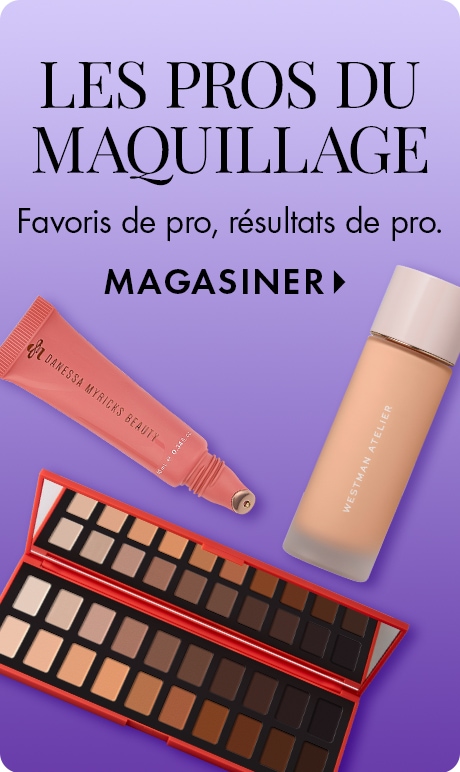 « LES PROS DU MAQUILLAGE » « Les favoris des pros pour des résultats professionnels. » « MAGASINER » Publicité beauté sur un fond violet dégradé mettant en vedette un tube signé Saie, un fond de teint Westman Atelier et une palette de fards à paupières ouv