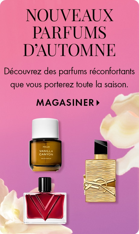 « NOUVEAUX PARFUMS D’AUTOMNE » « Découvrez des parfums réconfortants que vous porterez toute la saison. » « MAGASINER » Publicité avec dégradé rose mettant en vedette des flacons de parfum Phlur Vanilla Canyon, Valentino et YSL, avec des pétales doux en ar