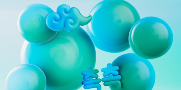 Fond bleu clair avec grandes sphères turquoise et bleu lustrées. Une forme stylisée de nuage bleu est placée près du centre supérieur et deux petits symboles bleus arrondis apparaissent près du centre inférieur. Aucun texte lisible.