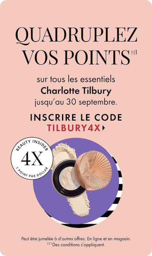 Quadruplez vos points sur tous les essentiels charlotte tilbury jusqu’au 30 septembre. inscrire le code tilbury4x >. à combiner avec toutes les offres en ligne et en magasin. des conditions s’appliquent. image du produit. badge 4x les points. 