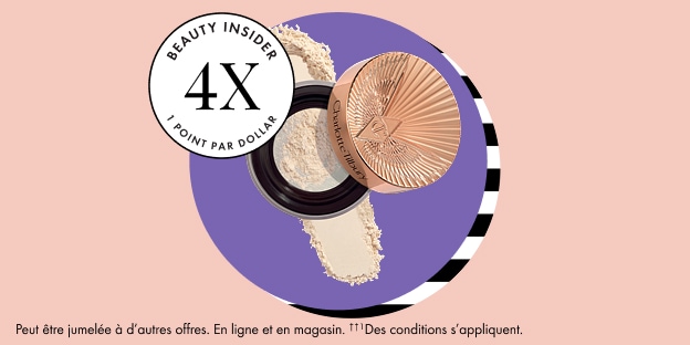 Badge Beauty Insider 4X les points par dollar à côté d’un pot de poudre libre ouvert sur un cercle violet. Les petits caractères indiquent que les offres peuvent être combinées en ligne et en magasin; des conditions s’appliquent.