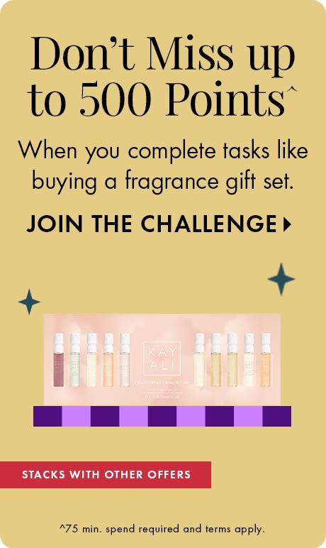 « Sautez sur l’occasion d’accumuler jusqu’à 500 points^ lorsque vous réalisez des tâches comme acheter un ensemble-cadeau de parfums. PARTICIPEZ AU DÉFI », ensemble de parfums Kayali sur fond jaune. « PEUT SE JUMELER À D’AUTRES OFFRES. ^Achat de 75 $ minim