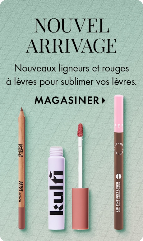 Fond texturé vert avec texte : « Nouvel arrivage. Nouveaux ligneurs et rouges à lèvres pour sublimer vos lèvres. Magasiner. » Trois produits en dessous : un crayon à lèvres en bois Makeup Forever, un essentiel pour les lèvres Kulfi avec baguette et une enc