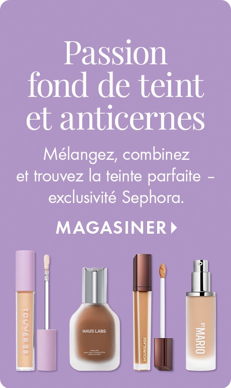 Arrière-plan lavande avec texte indiquant « Fond de teint et anticernes captivants », « Mélangez, combinez et trouvez la teinte parfaite – exclusivité Sephora » et « Magasiner ». Cinq essentiels pour le teint avec applicateurs sont alignés au bas de l’imag