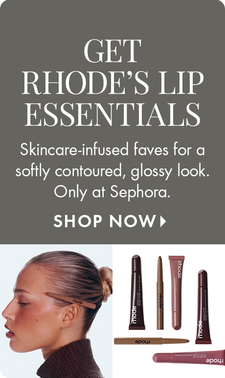 Texte sur un arrière-plan gris : « Procurez-vous les essentiels pour les lèvres de Hailey Bieber. Appliquez une touche de couleur avec la gamme rhode enrichie de soins pour la peau. Exclusivité Sephora. Magasiner. » Vous trouverez ci-dessous cinq essentiel