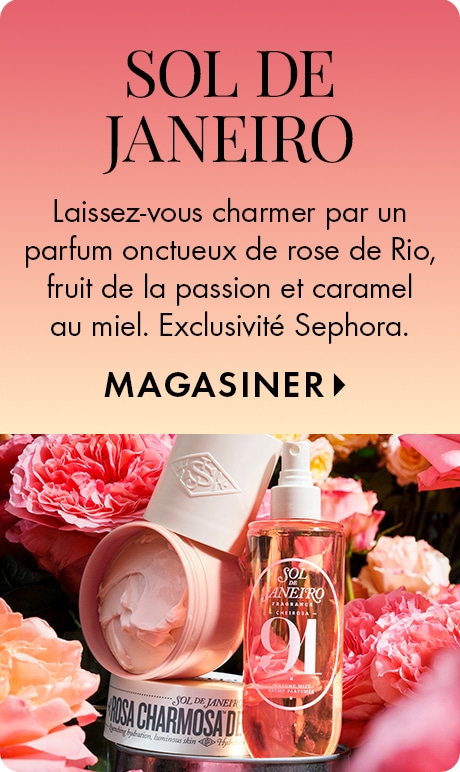 Le texte sur un fond dégradé de rose à pêche lit : « Sol de Janeiro. Laissez-vous charmer par un parfum onctueux de rose de Rio, fruit de la passion et caramel au miel. Exclusivité Sephora. Magasiner. » En dessous, la crème pour le corps et la brume parfum