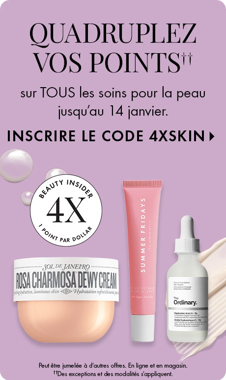 Texte sur un arrière-plan rose : « Parfums Dior Addict. Des parfums floraux aux notes de framboise, de pêche et de litchi. Magasiner. » Trois flacons de parfum Dior en violet, pêche et rose sont présentés à l’intérieur d’un cadre ovale.