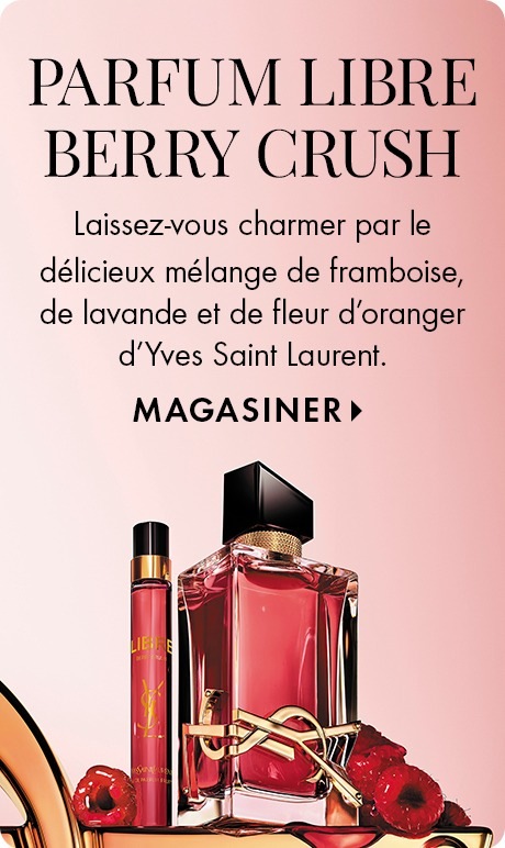 Fond rose avec un texte qui indique : « Libre Berry Crush » et « Laissez-vous charmer par ce mélange de framboise, de lavande et de fleur d’oranger, signé Yves Saint Laurent. » En dessous, deux flacons de parfum, l’un grand et mince, l’autre de forme carré