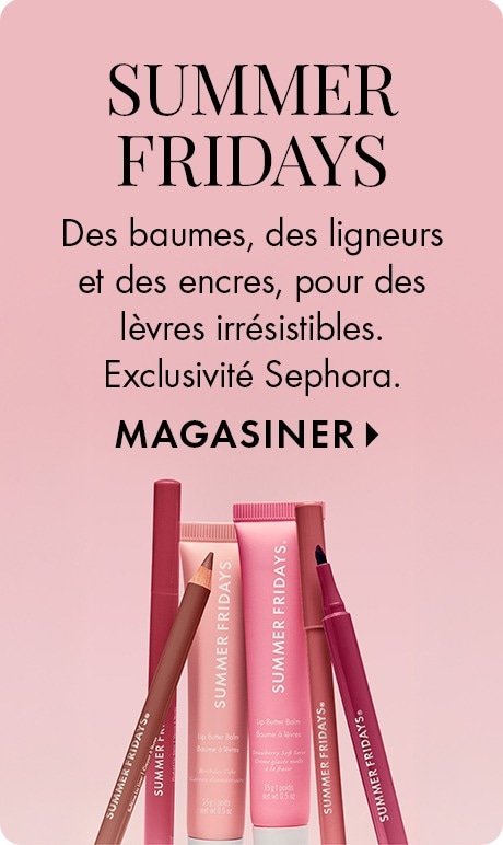 Fond rose avec texte : « Summer Fridays Des baumes, des ligneurs et des encres, pour des lèvres irrésistibles. Exclusivité Sephora. » Sous le texte, plusieurs produits lèvres Summer Fridays dans des teintes roses et rouges sont présentés à la verticale.