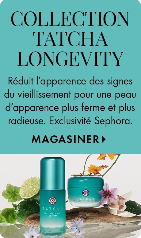 Fond turquoise avec texte : « Collection Tatcha Longevity Réduit l’apparence des signes du vieillissement pour une peau d’apparence plus ferme et radieuse. Exclusivité Sephora. Magasiner. » En dessous, des bouteilles de sérum et de crème Tatcha entourées d
