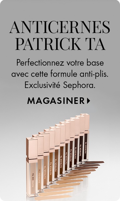 Visuel d’un fond gris avec le titre « Anticernes Patrick Ta » et texte sur une formule anti-plis offerte chez Sephora. Une gamme de tubes d’anticernes Patrick Ta est présentée en diagonale, montrant plusieurs teintes avec des applicateurs.