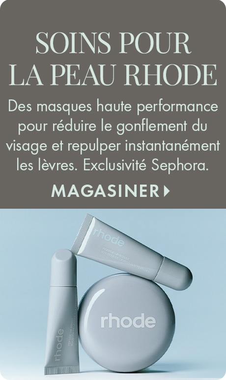 Fond taupe discret avec texte « Soins pour la peau Rhode ». Ci-dessous : « Des masques haute performance pour réduire le gonflement du visage et repulper instantanément les lèvres. Exclusivité Sephora », suivi de « Magasiner ». Des produits Rhode bleu pâle