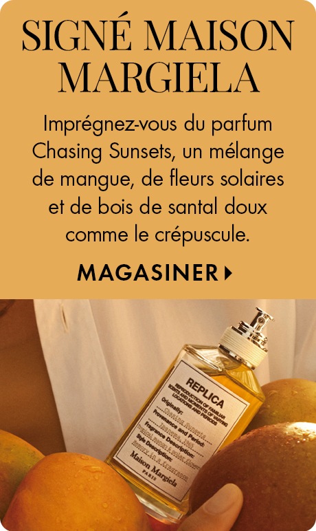 Arrière-plan doré avec texte « De Maison Margiela. » Ci-dessous : « Laissez-vous charmer par le parfum Chasing Sunsets doux comme le crépuscule » aux notes de mangue, de fleurs solaires et de bois de santal. Une bouteille de parfum est présentée parmi les 