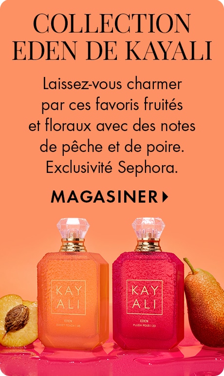 Fond pêche avec texte : « COLLECTION EDEN DE KAYALI. Laissez-vous charmer par ces favoris fruités et floraux avec des notes de pêche et de poire. Exclusivité Sephora. Magasiner. » Ci-dessous, deux bouteilles de parfum Eden de Kayali, une orange et une rose