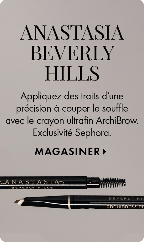 Fond beige neutre avec texte « Anastasia Beverly Hills ». En dessous : « Appliquez des traits d’une précision à couper le souffle avec le crayon à sourcils ultrafin ArchiBrow ». Exclusivité Sephora. » Deux crayons à sourcils noirs apparaissent en bas.