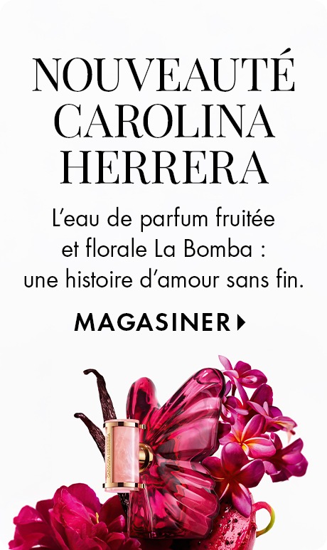 Fond blanc avec texte « Nouveauté Carolina Herrera ». Ci-dessous : « L’eau de parfum fruitée et florale La Bomba : une histoire d’amour sans fin », suivi de « Magasiner ». Une bouteille de parfum rose en forme de papillon est placée au-dessus de fleurs.
