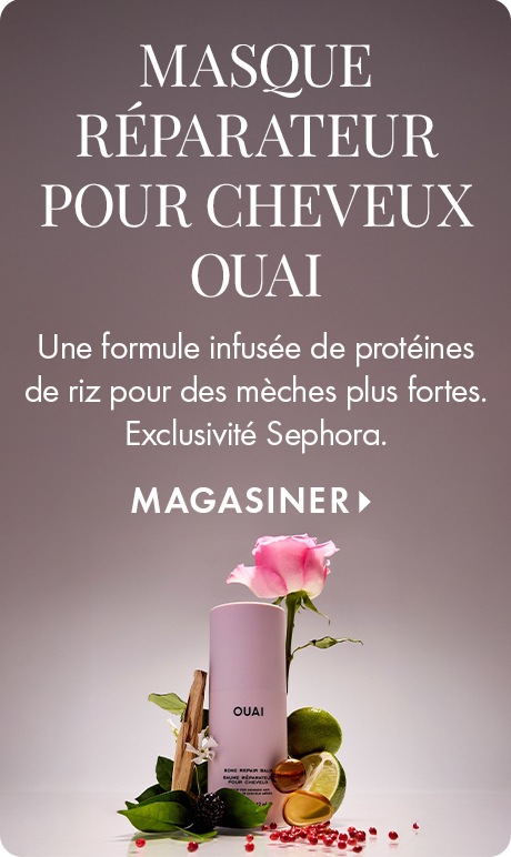 Fond mauve discret avec le texte « Masque capillaire réparateur Ouai Bond ». Ci-dessous : « Une formule infusée de protéines de riz pour des mèches plus fortes. » Exclusivité Sephora. » Une bouteille de masque capillaire Ouai est montrée avec une rose de c