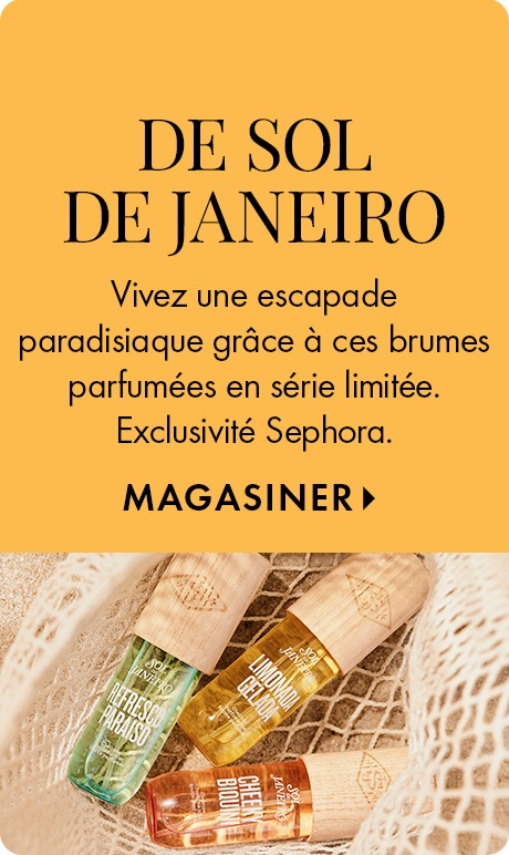 Fond jaune chaud avec texte « De sol de Janeiro. » Ci-dessous : « Vivez une escapade paradisiaque grâce à ces brumes parfumées en série limitée. Exclusivité Sephora » et « Magasiner ». Trois bouteilles de brume parfumées Sol de Janeiro avec capuchons en bo