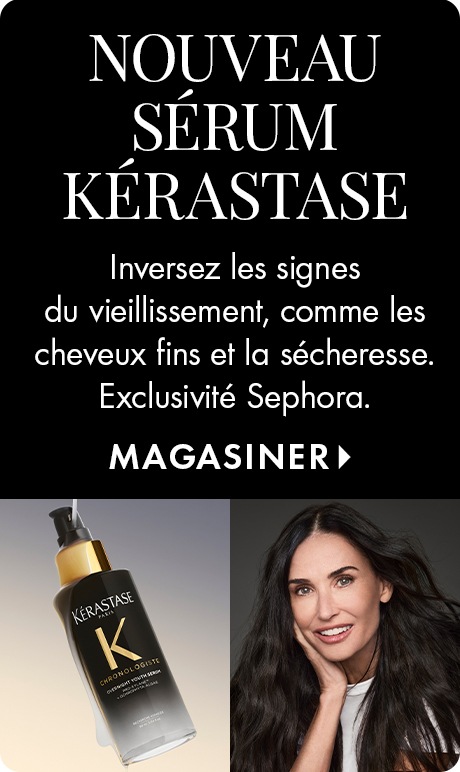 Black background with text reading “New Kérastase Serum.” Below: “Visibly reverse signs of aging, like thin hair and dryness. Only at Sephora,” followed by “Shop Now.” A Kérastase serum bottle appears beside a smiling woman with long dark hair.