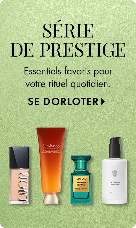Fond texturé vert avec texte indiquant : « Édition prestige. Les favoris de choix pour votre rituel quotidien. Se dorloter ». Quatre essentiels sont présentés : un fond de teint Dior, un soin pour la peau Sulwhasoo, un parfum Tom Ford et un revitalisant sa