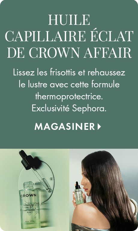 Arrière-plan vert neutre avec texte indiquant « Huile capillaire éclat de Crown Affair » et « Lissez les frisottis et rehaussez le lustre avec cette formule thermoprotectrice. » Une bouteille d’huile pour cheveux avec compte-gouttes apparaît à côté d’une p