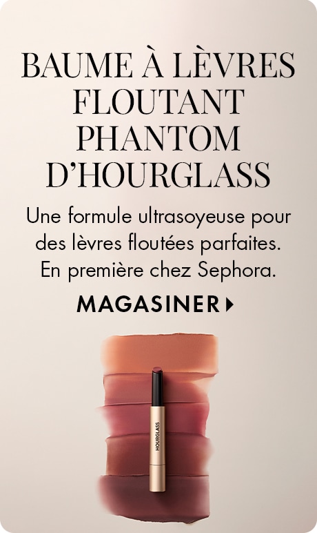 Arrière-plan beige neutre avec texte indiquant « Baume à lèvres floutant Phantom d’Hourglass », « Une formule ultrasoyeuse offrant un effet parfaitement flouté. Première Sephora », puis « Magasiner ». Un tube de baume à lèvres apparaît, centré sur des écha
