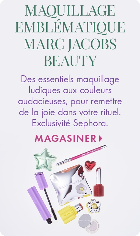 Arrière-plan gris clair avec texte indiquant « Essentiel Marc Jacobs emblématique », « Un maquillage ludique et coloré pour rendre votre rituel plus plaisant. Exclusivité Sephora. », et « Magasiner ». En dessous, plusieurs articles de maquillage Marc Jacob