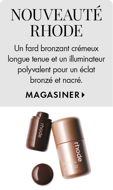 Fond gris pâle avec le texte « Nouveautés rhode » et « Un fard bronzant crémeux longue tenue et un illuminateur polyvalent pour un éclat bronzé et nacré », plus « Magasiner ». Deux fards bronzants en bâton rhode et un échantillon sont illustrés ci-dessous.