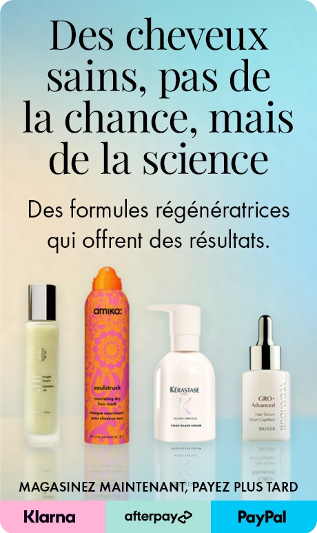 Fond dégradé bleu à beige avec texte indiquant « Des cheveux sains, pas de la chance, mais de la science » et « Des formules régénératrices qui offrent des résultats ». Quatre soins pour les cheveux illustrés au-dessus des logos de Klarna, Afterpay et PayP