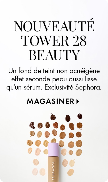« NOUVEAUTÉ TOWER 28 BEAUTY » « Un fond de teint non acnéigène effet seconde peau aussi lisse qu’un sérum. Exclusivité Sephora. » « MAGASINER » Image mettant en vedette une bouteille de fond de teint Tower 28 sous un éventail d’échantillons de fonds de tei
