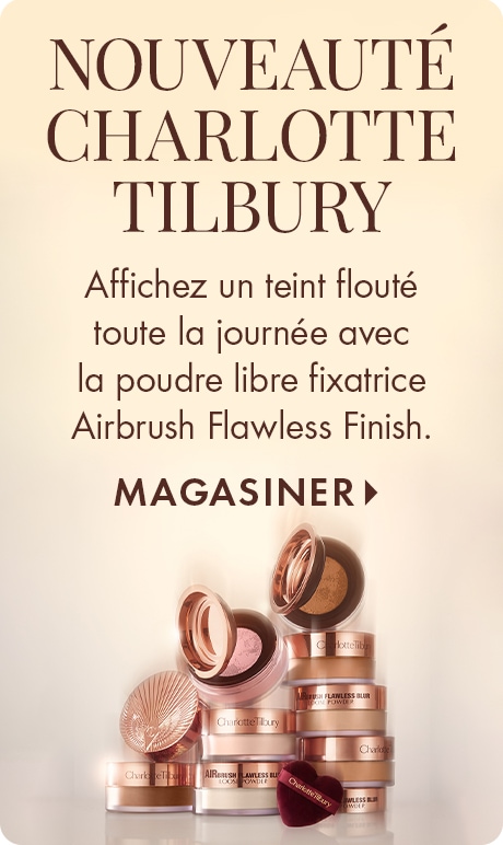 « NOUVEAUTÉ CHARLOTTE TILBURY » « Affichez un teint flouté toute la journée avec la poudre libre fixatrice Airbrush Flawless Finish. » « MAGASINER » Fond beige mettant en vedette les contenants de poudre Charlotte Tilbury empilés et les poudres compactes d